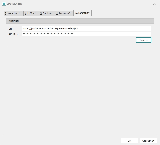 AddOne-Einstellungen mit Reiter "5. Dexpro"