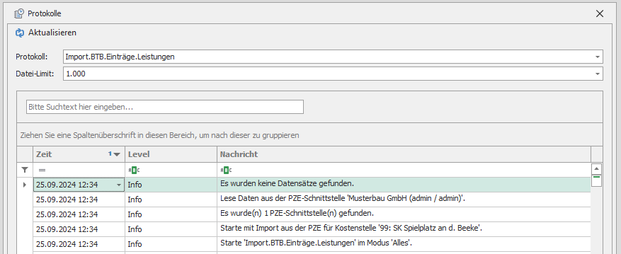 Neuer Dialog zur Anzeige von Protokollen