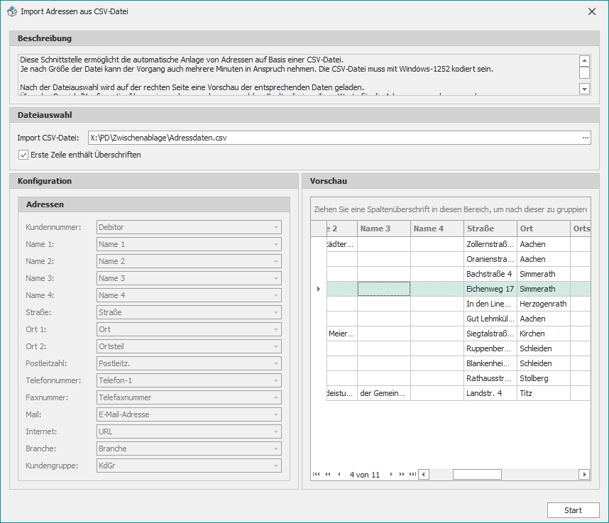 Dialog "Adressen aus CSV-Datei importieren" Dialog "Adressen aus CSV-Datei importieren"