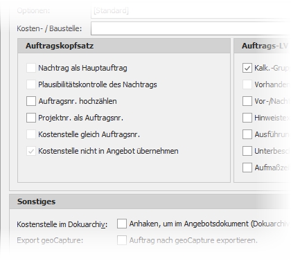 Dialog "Auftrag aus Angebot" mit Gruppe "Auftragskopfsatz"