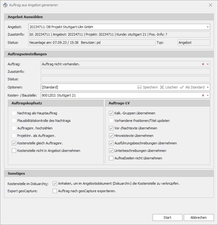 Dialog "Auftrag aus Angebot"