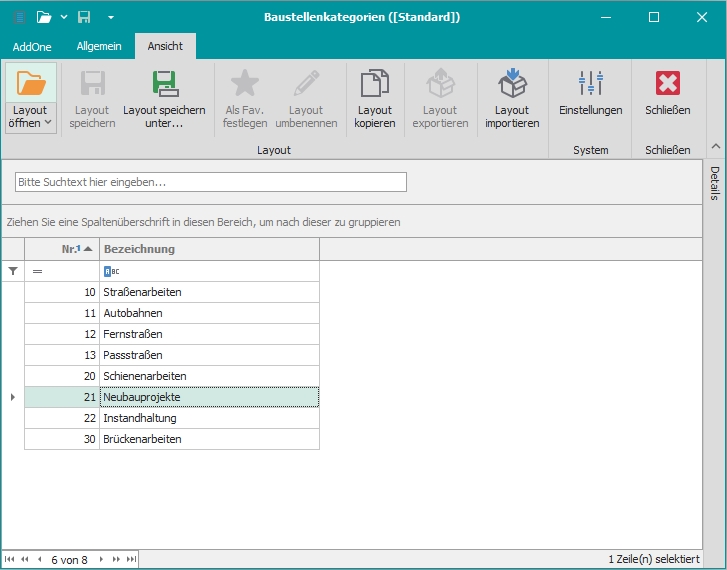 Hauptfenster "Baustellenkategorien"