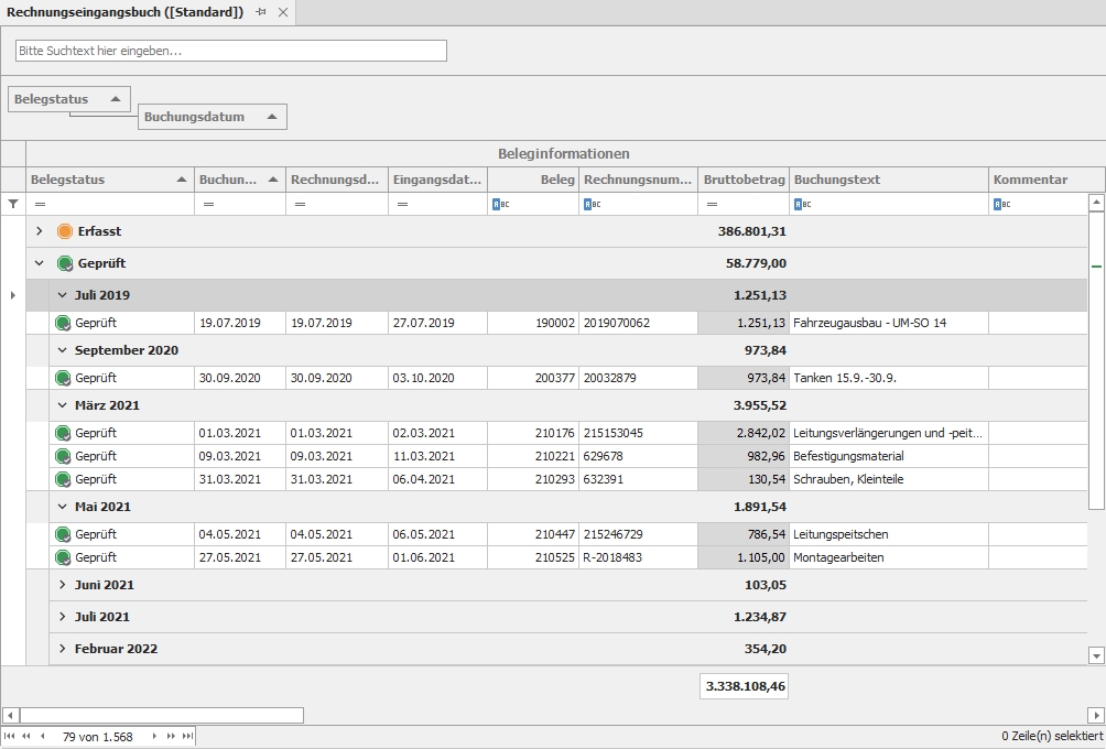 Daten gruppiert nach Belegstatus und Buchungsdatum