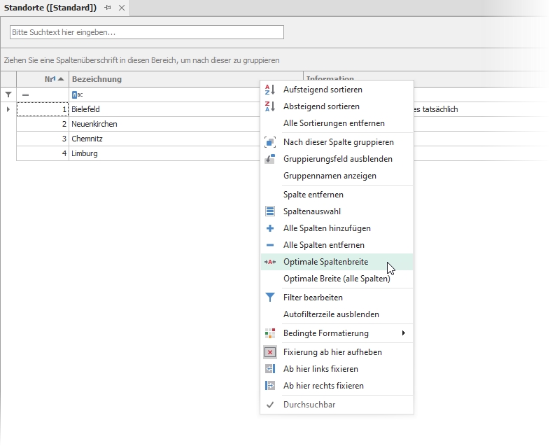 Kontextmenü "Tabellen" Kontextmenü "Tabellen"