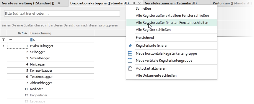 Kontextmenü "Register" Kontextmenü "Register"
