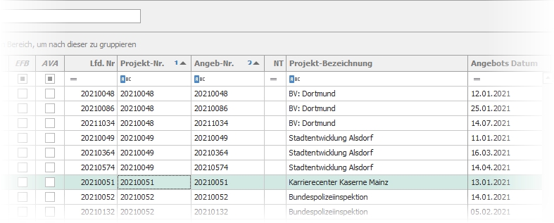 Sortierung nach Projektnummer und Angebotsnummer