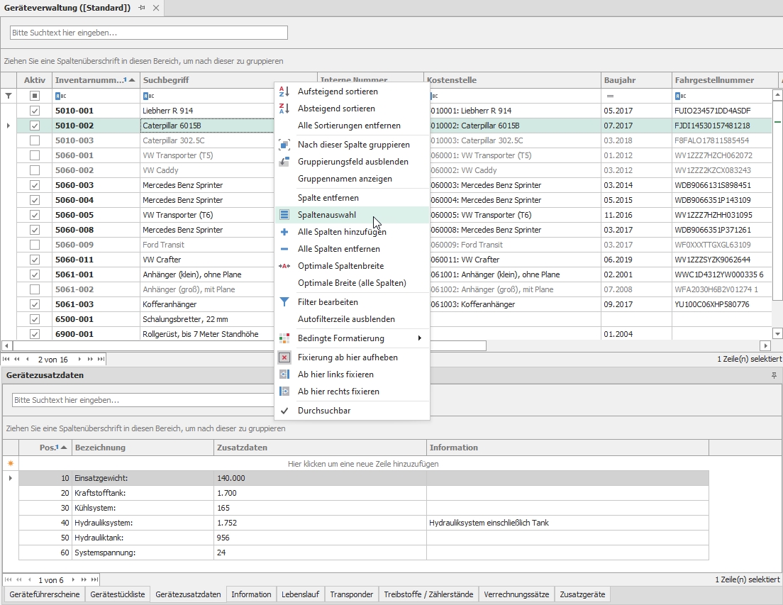 Kontextmenü "Spaltenauswahl"