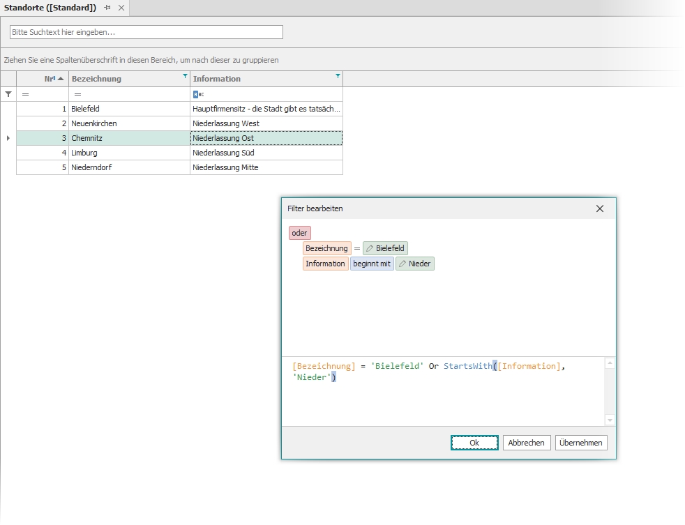 Dialog "Filter" Dialog "Filter"