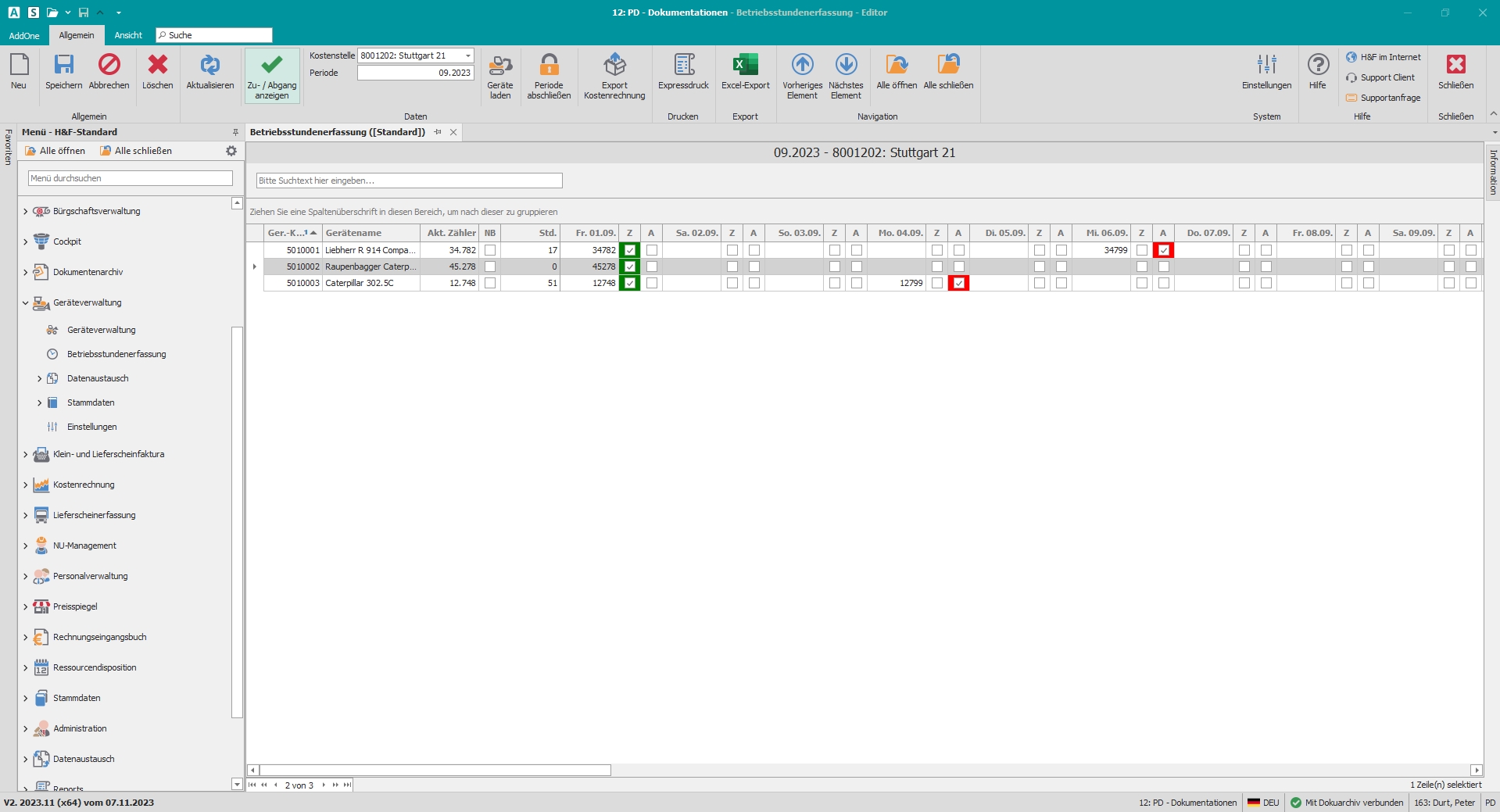 Hauptfenster "Betriebsstundenerfassung"