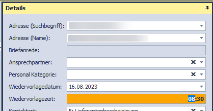 Abbildung 50: Zusätzliches Uhrzeit-Feld für die Wiedervorlage