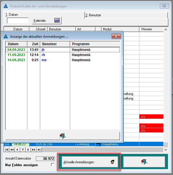 Abbildung 2: Aktuelle Anmeldungen im Benutzer-Protokoll Abbildung 2: Aktuelle Anmeldungen im Benutzer-Protokoll