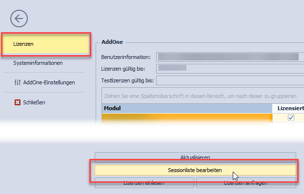 Abbildung 4: Zugriff auf die Sessionliste via Lizenzen Abbildung 4: Zugriff auf die Sessionliste via Lizenzen