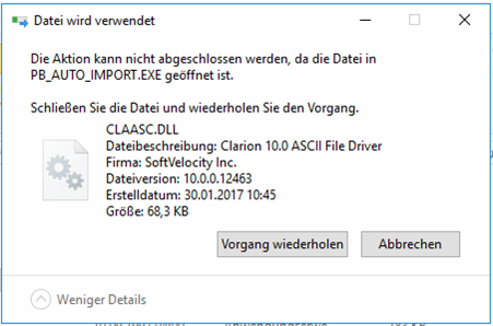Abbildung 18: Die „CLAASC.DLL“ kann nicht überschrieben werden, da die „PB_AUTO_IMPORT.EXE“ noch darauf zugreift