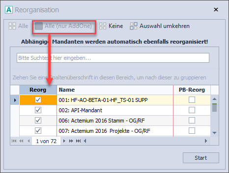 Abbildung 21: Nur die Haken auf der Seite von „Reorg“ für AddOne werden gesetzt Abbildung 21: Nur die Haken auf der Seite von „Reorg“ für AddOne werden gesetzt