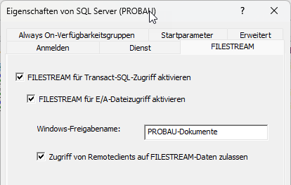 Abbildung 31: FILESTREAM-Eigenschaften des SQL-Server-Dienstes Abbildung 31: FILESTREAM-Eigenschaften des SQL-Server-Dienstes