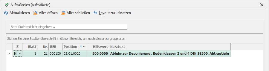 Zusätzliche Spalte "Kurztext"