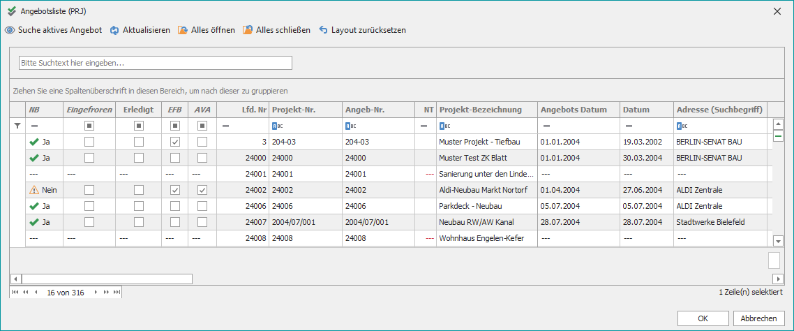 Projektrechte in der Angebotsauswahl