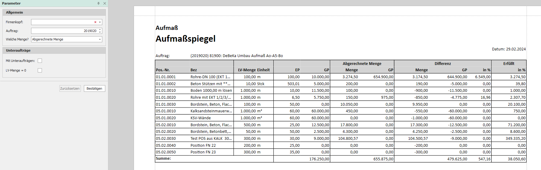 Ausdruck "Aufmaßspiegel" Ausdruck "Aufmaßspiegel"