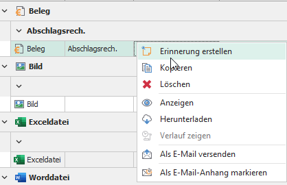 Erinnerung per Kontextmenü Erinnerung per Kontextmenü