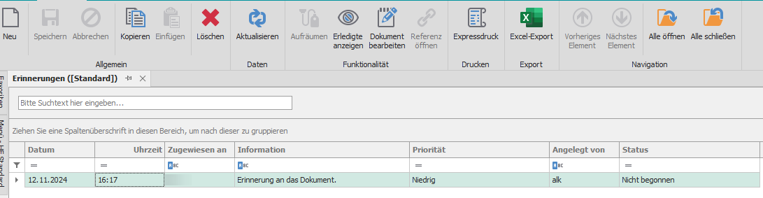 Übersicht der Erinnerungen Übersicht der Erinnerungen