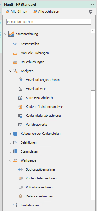 Kostenrechnung im Menü