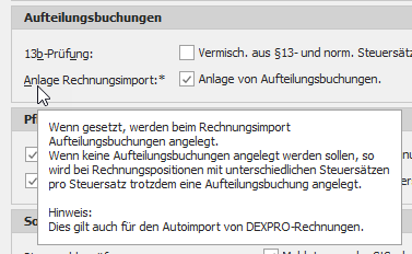 Option "Anlage von Aufteilungsbuchungen"