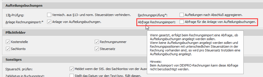 Option "Abfrage für Anlage von Aufteilungsbuchungen"
