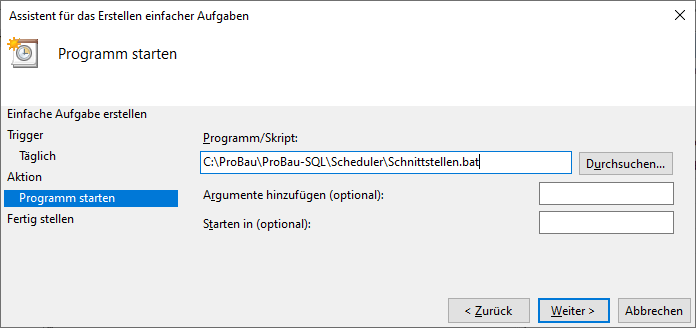 Angabe des zu startenden Programmes, hier die Batchdatei