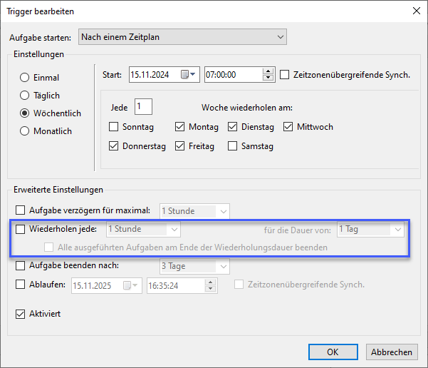 Bearbeitung eines Auslösers (optional mit Wiederholungsintervall)