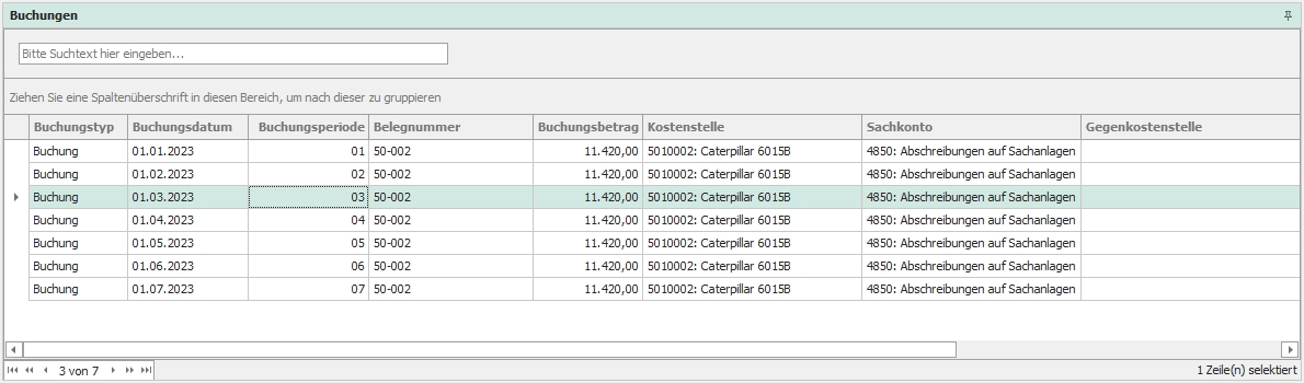 Dockingfenster "Buchungen"