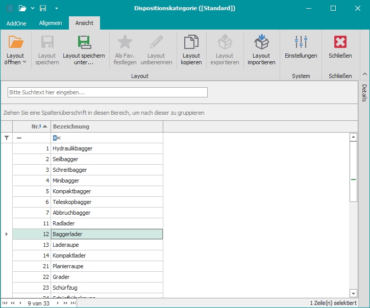 Hauptfenster "Dispositionskategorien"