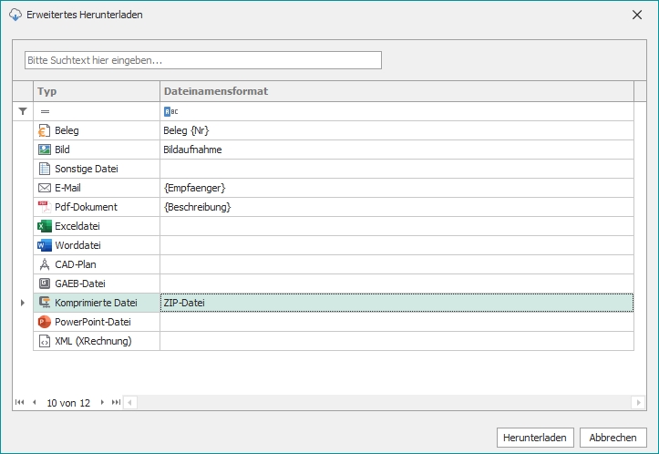 Dialog "Erweitertes Herunterladen"