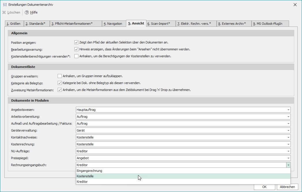 Einstellungen mit Reiter "5. Ansicht"