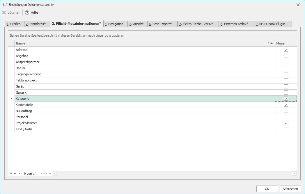 Einstellungen mit Reiter "3. Pflicht-Metainformationen"