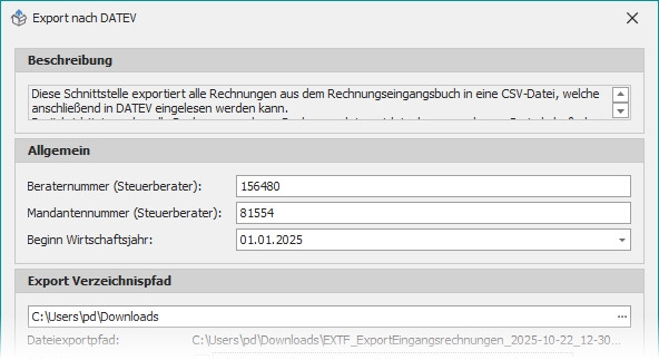 Dialog "Eingangsrechnungen exportieren" mit Gruppe "Allgemein"