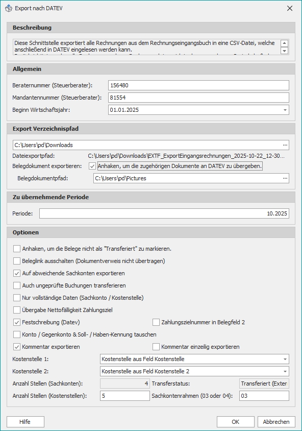 Dialog "Eingangsrechnungen exportieren"