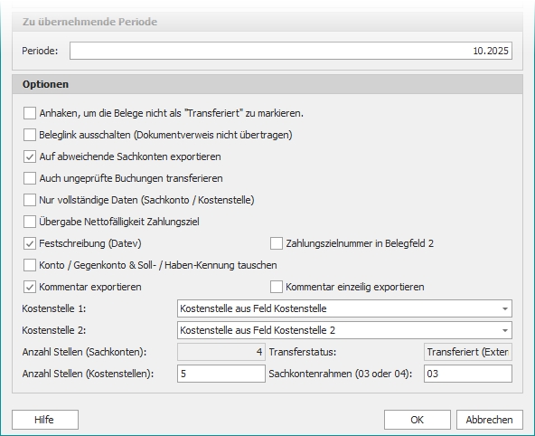 Dialog "Eingangsrechnungen exportieren" mit Gruppe "Optionen"