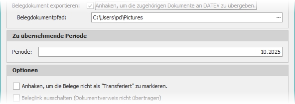 Dialog "Eingangsrechnungen exportieren" mit Gruppe "Zu übernehmende Periode"