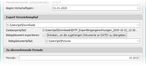 Dialog "Eingangsrechnungen exportieren" mit Gruppe "Export Verzeichnispfad" Dialog "Eingangsrechnungen exportieren" mit Gruppe "Export Verzeichnispfad"