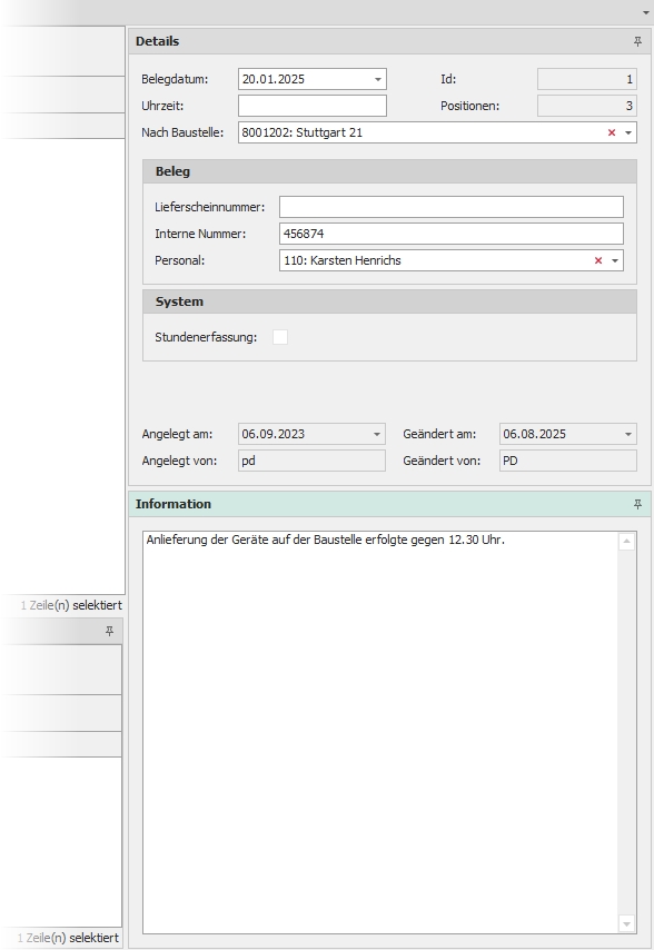 Hauptfenster "Einsatzerfassung" mit angepinntem Dockingfenster "Information"
