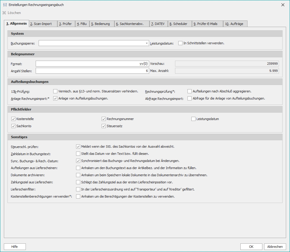 Einstellungen "Rechnungseingangsbuch" Einstellungen "Rechnungseingangsbuch"