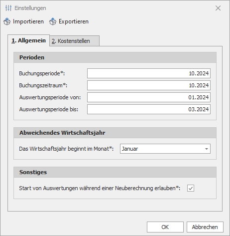 Einstellungen "Kostenrechnung"