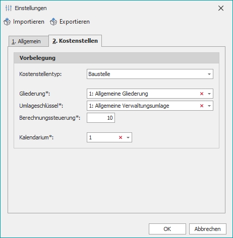 Einstellungen mit Reiter "2. Kostenstellen"