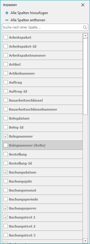 Spaltenauswahl "Einzelbuchungsnachweis"