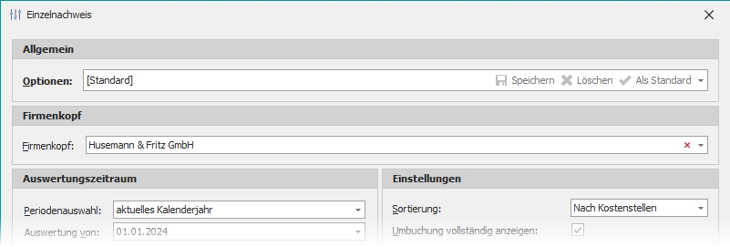 Einzelnachweis mit Gruppe "Optionen"