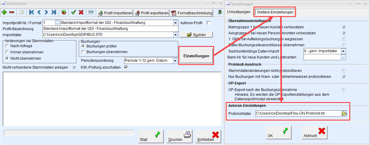 Einstellungen "Datenimport"