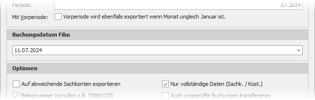 Dialog "Export zur Finanzbuchhaltung" mit Gruppe Buchungsdatum Fibu"