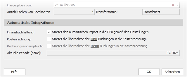 Dialog "Export zur Finanzbuchhaltung" mit Gruppe "Automatische Integration"