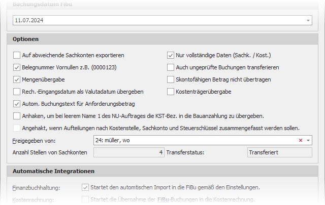 Dialog "Export zur Finanzbuchhaltung" mit Gruppe "Optionen"