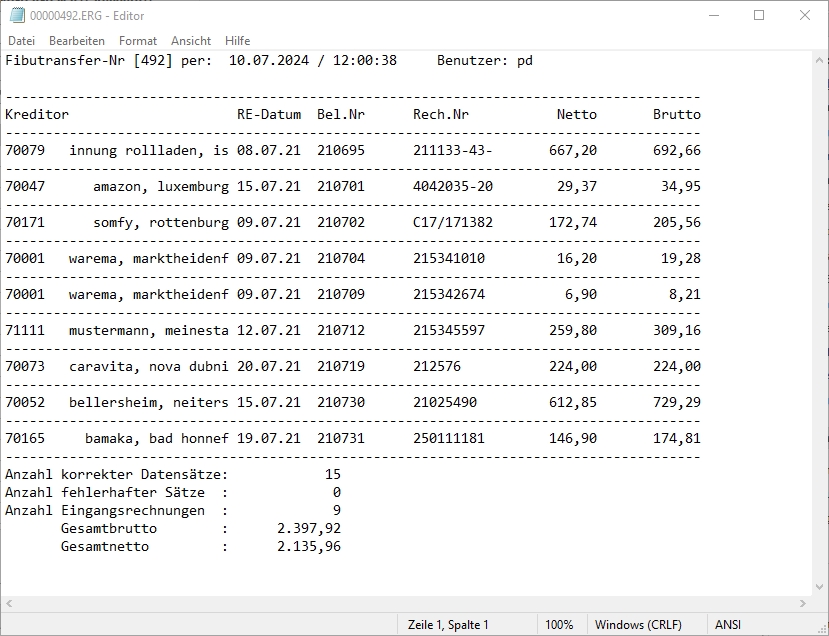 Protokoll "Export zur Finanzbuchhaltung"